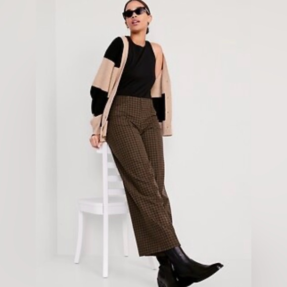 Old Navy High Rise Pull On Pixie Brown Plaid Wide Leg Elastic Waist L - Picture 6 of 6
